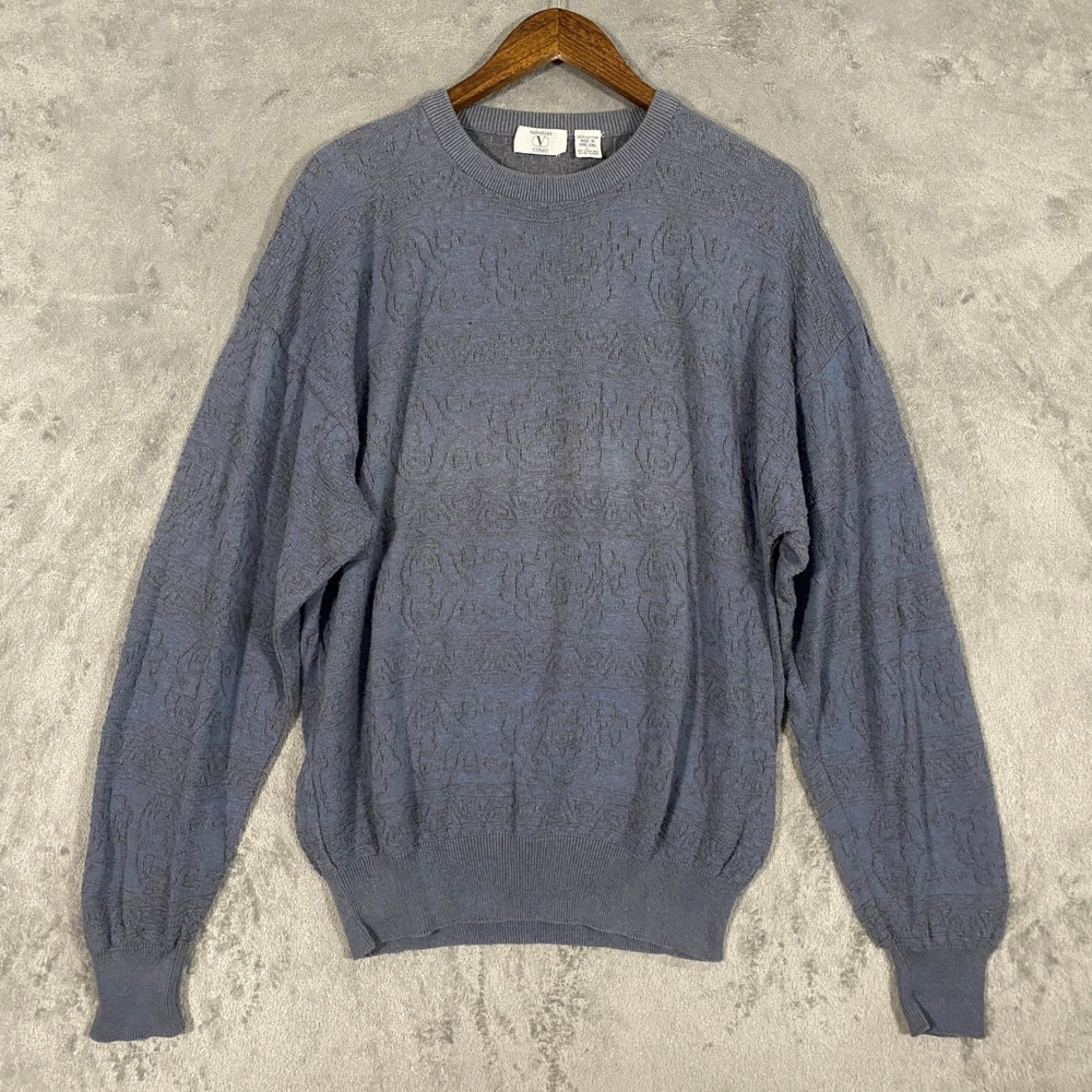 Valentino Uomo Sweater Mens L Blue Vintage Cotton Knit Rose Floral Crew Neck